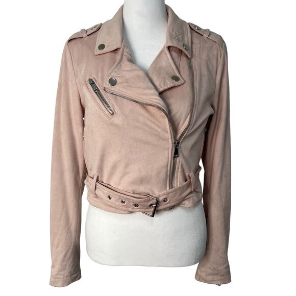 Ashley Outerwear Cropped Moto Jacket Pink Asymmetrical Zip Belt S Faux Suede Y2K - Picture 2 of 13